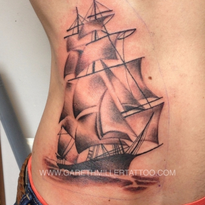 black and grey tattoo ship soft shading realism tattoo leeds