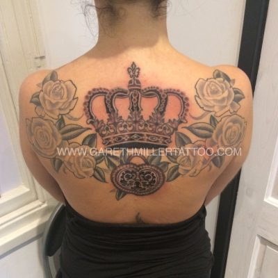black and grey tattoo crown backpiece tattoo roses soft shading realism tattoo leeds