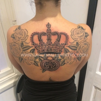 black and grey tattoo crown backpiece tattoo roses soft shading realism tattoo leeds