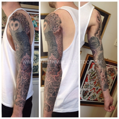dotwork owl sleeve tattoo geometric leeds