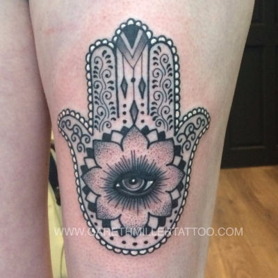 hamsa hand black and grey tattoo leeds