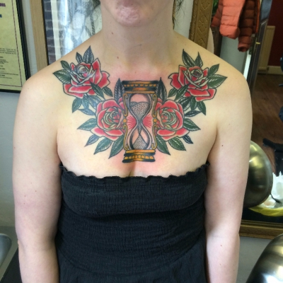 hourglass chestpiece trad old school tattoo leeds