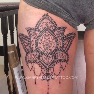 dotwork fine linework lotus tattoo geometric leeds