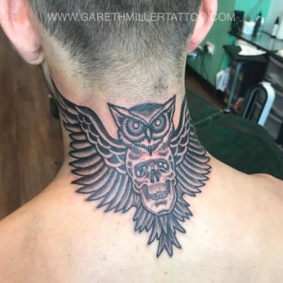 dotwork owl neck tattoo geometric leeds