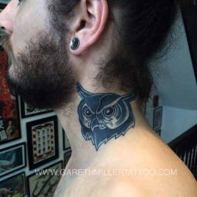 dotwork owl neck tattoo geometric leeds