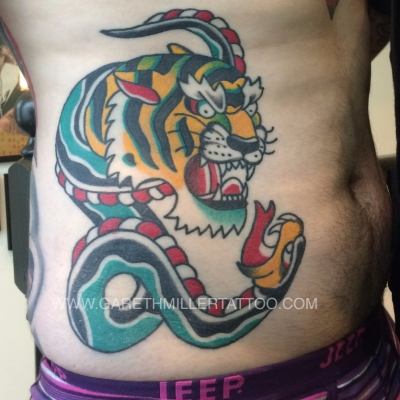 snake and tiger trad old school tattoo leeds