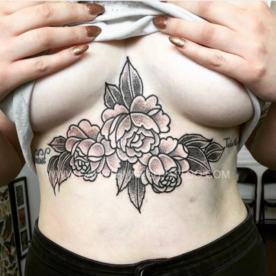 underboob roses dotwork black and grey tattoo leeds