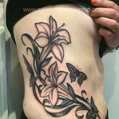 butterfly flowers black and grey tattoo leeds
