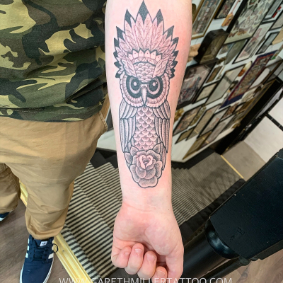 dotwork owl tattoo geometric leeds