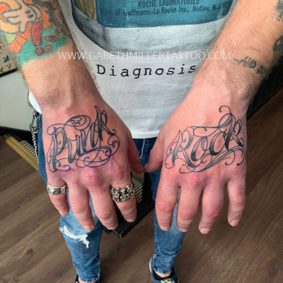 script on hand trad old school tattoo leeds