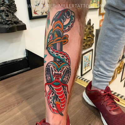 snake and dagger trad tattoo old school leeds