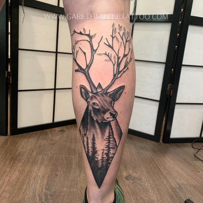 realistic stag geometric black and grey tattoo leeds