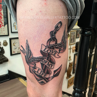 swallow and anchor old school black and grey tattoo leeds