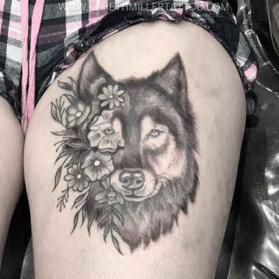 wolf flower tattoo black and grey realistic leeds